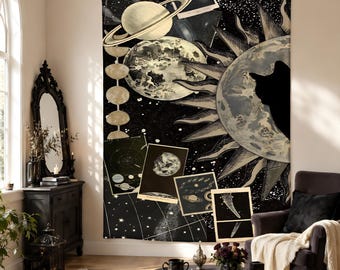 Celestial Black Cat Tapestry, Moon and Stars Wall Hanging, Witchy Halloween Decor, Gothic Bedroom Art, Astrology Dorm Decor, Cat Lover Gifts