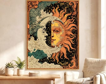 Sun And Moon Face Tapestry, Vintage Celestial Wall Hanging, Mystical Astrology Room Decor, Orange Black Boho Bedroom Backdrop