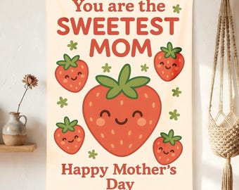 Sweetest Mom Strawberry Tapestry, Cute Kawaii Fruit Wall Hanging, Mothers Day Gift, Pink Aesthetic Room Decor, Fun Typography Art