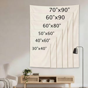 May include: A series of six stacked off-white rectangular tapestries displayed on a wall, each labeled with its dimensions in inches: 30"x40", 40"x60", 50"x60", 60"x80", 60"x90", and 70"x90". The tapestries are arranged in increasing size order.