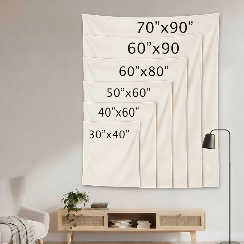 May include: A series of six stacked off-white rectangular tapestries displayed on a wall, each labeled with its dimensions in inches: 30"x40", 40"x60", 50"x60", 60"x80", 60"x90", and 70"x90". The tapestries are arranged in increasing size order.