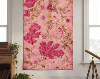 Vintage Pink Floral Tapestry, Soft Cottagecore Wall Hanging, Romantic Aesthetic Room Decor, Feminine Bedroom Wall Art, Wall Cloth