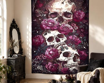 Skull Rose Tapestry, Gothic Floral Wall Hanging, Dark Halloween Wall Decor, Witchy Bedroom Art, Moody Skull Decor, Spooky Gothic Home Gifts