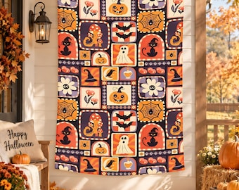 Vintage Halloween Tapestry, Retro Pumpkin Ghost Black Cat Wall Hanging, Spooky Witchy Collage, Halloween Room Decor, Fall Wall Art Gift Idea