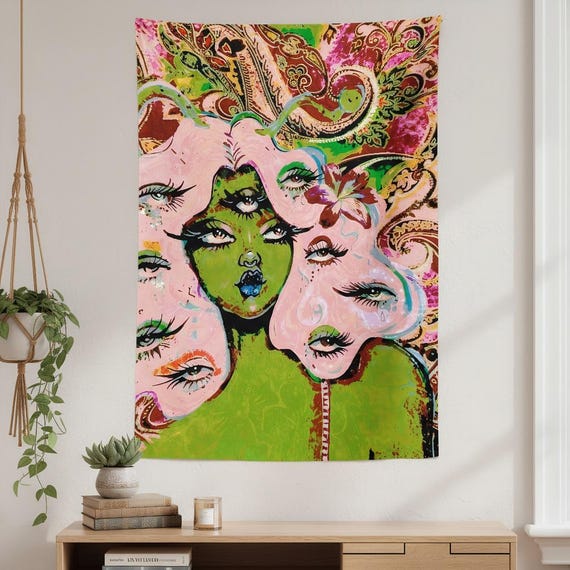 Surreal Portrait Tapestry, Abstract Face Wall Hanging, Punk Aesthetic Room Decor, Artistic Statement Wall Art, Unique Home Decor