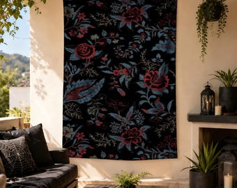 Gothic Floral Tapestry, Red Blue Rose Wall Hanging, Dark Botanical Halloween Decor, Moody Bedroom Art, Victorian Goth Wall Decor, Boho Gifts