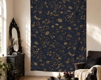 Dark Floral Tapestry, Vintage Botanical Wall Hanging, Moody Dark Navy Bedroom Decor, Gothic Cottagecore Wall Art, Witchy Halloween Home Gift