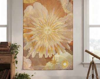 Sunlight Abstract Tapestry, Warm Healing Wall Hanging, Golden Sun Art Decor, Aesthetic Bedroom Wall Cloth, Soft Boho Room Decor