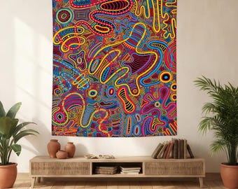 Abstract Psychedelic Tapestry, Colorful Doodle Pattern Wall Hanging, Neon Boho Art Decor, Trippy Aesthetic Tapestry for Bedroom Dorm Decor