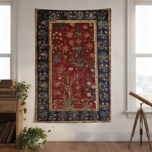 Vintage Red Floral Tapestry, Classic Carpet Style Wall Hanging, Antique Botanical Decor, Elegant Aesthetic Room Wall Art, Traditional Decor