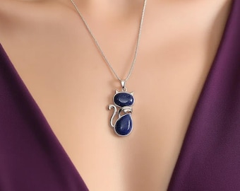 Certified Artisan Lapis Lazuli Cat Pendant Necklace Silver Setting Blue Gemstone Gift with Free Chain