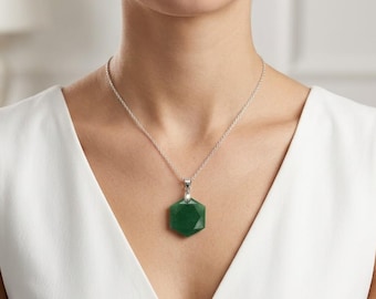 Certified Green Jade Crystal Pendant Necklace Hexagon Shape Natural Gemstone Jewelry Prosperity Energy Necklace with Free Chain