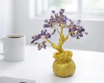 Natural Amethyst Crystal Tree, Purple Gemstone Bonsai Decor, Tree of Life Ornament, Meditation Gift, Reiki Spiritual Home Accent