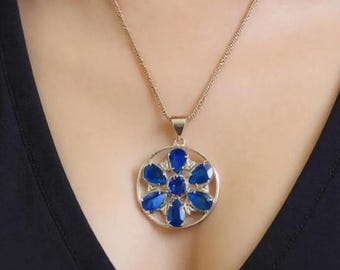 Handmade Blue Sapphire Floral Pendant, 50-55CT Statement Round Halo Gemstone Necklace with Free Chain