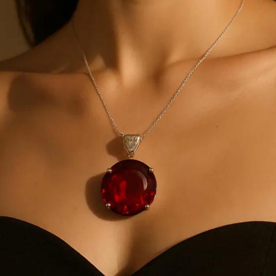 Red Ruby Round Pendant Necklace Handmade Jewelry with Free Chain, Collector Gem Piece