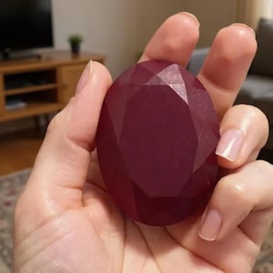 Op de afbeelding: Een hand houdt een gefacetteerde, ovaalvormige, dieprode edelsteen vast. De vele platte oppervlakken van de edelsteen reflecteren het licht, waardoor een sprankelend effect ontstaat. De kleur is een rijk, donkerrood, vergelijkbaar met een robijn.