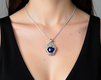 Certified Lapis Lazuli Cabochon Necklace Handmade Natural Blue Gemstone Pendant Jewelry With Free Chain