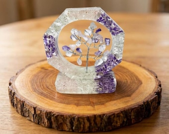 Orgonite Crystal Tree of Life, Amethyst Rose Quartz Clear Quartz Sculpture, Handmade Reiki Decor, Meditation Gift, Spiritual Home Accent