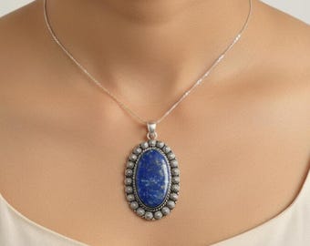 Handmade Lapis Lazuli Oval Cabochon Pendant Necklace Natural Blue Gemstone Jewelry With Free Chain