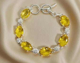 Sterling Silver Yellow Sapphire Bracelet with 6 Stones | 20cm Faceted Gemstone Jewelry Healing Bracelet