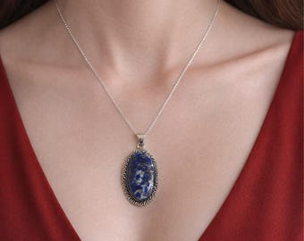 Handmade Lapis Lazuli Oval Pendant Necklace: Natural Blue Gemstone (Free Chain)