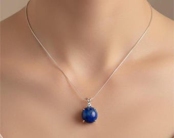 Certified Lapis Lazuli Round Cabochon Pendant Necklace Handmade Blue Crystal Gemstone Jewelry Gift