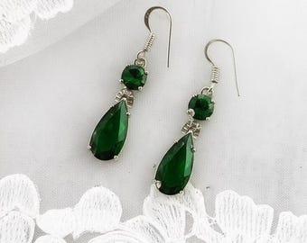 Emerald Green Crystal Drop Earrings, Elegant Teardrop Dangle Jewelry, Handmade Birthday Anniversary Gift for Her