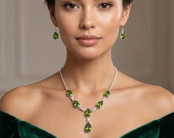 Handmade Peridot Green Jewelry Set Sterling Silver Necklace Earrings Bridal Statement Teardrop Gemstone Gift for Her