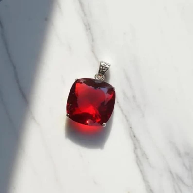Bold red ruby cushion pendant necklace