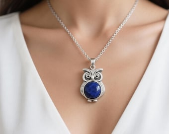Handmade Certified Lapis Lazuli Owl Pendant Necklace, Natural Blue Gemstone Owl Jewelry, Wisdom Symbol Charm With Free Chain