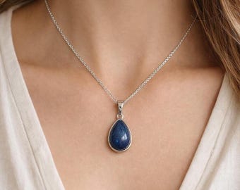 Handmade Certified Lapis Lazuli Pear Pendant Necklace, Natural Blue Gemstone Jewelry (Free Chain)