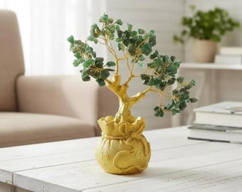 Green Aventurine Crystal Tree, Natural Gemstone Bonsai Decor, Handmade Money Tree for Home Office, Meditation and Reiki Space