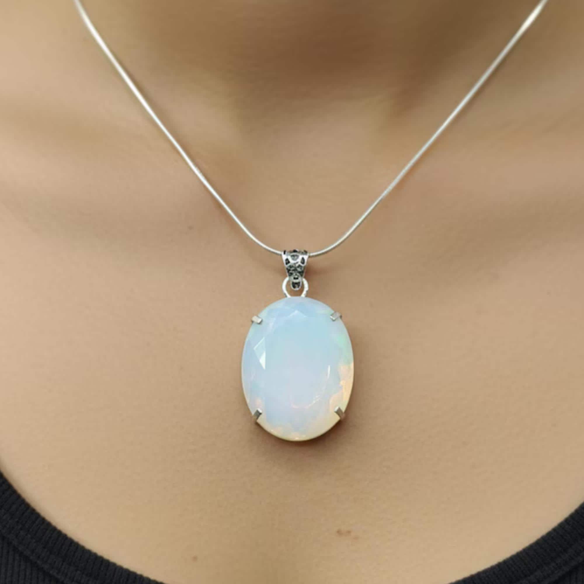 White Opal Oval Pendant Handmade Natural Opal Gemstone Necklace 90-100CT with Free Chain