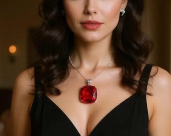 Red Ruby Large Cushion Pendant Handmade with Free Chain, Unique Collector Gem Necklace