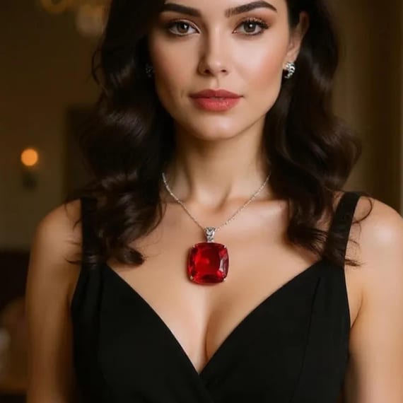 Red Ruby Large Cushion Pendant Handmade with Free Chain, Unique Collector Gem Necklace