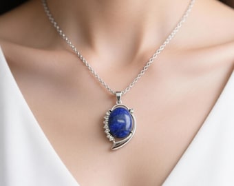 Handmade Certified Lapis Lazuli Oval Pendant Necklace, Natural Blue Gemstone Jewelry (Free Chain)