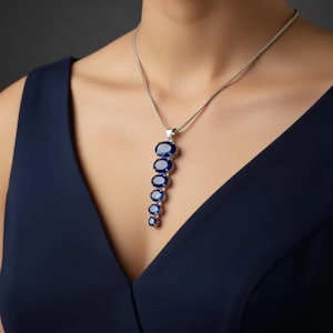 Handmade Sapphire Multi Stone Pendant Necklace, 50CT Elegant Blue Gemstone Jewelry with Free Chain
