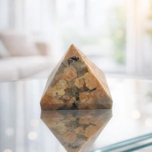 Peut inclure: Un objet décoratif en forme de pyramide, fait d'une pierre aux couleurs beige, marron et grise. La pyramide est posée sur une surface réfléchissante, avec un arrière-plan flou.