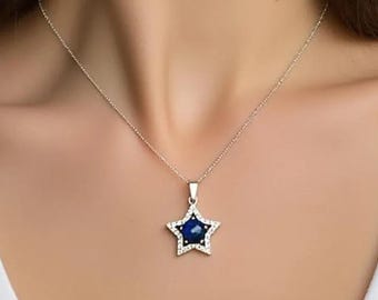 Certified Lapis Lazuli Star Pendant Necklace, Handmade Blue Gemstone Jewelry (Free Chain)