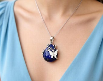 Certified Lapis Lazuli Butterfly Cabochon Necklace Handmade Natural Blue Gemstone Pendant With Free Chain