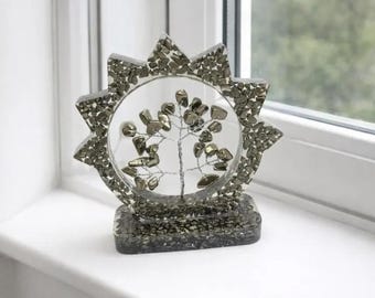 Pyrite Gemstone Tree of Life Decor, Handmade Crystal Sculpture Metallic Gold Natural Stones, Resin Frame, Meditation Room and Office Display