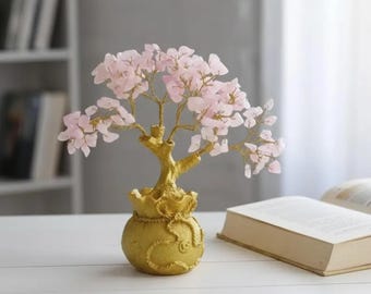 Rose Quartz Gemstone Tree of Life Handmade Crystal Bonsai Natural Pink Stone Decor Reiki Gift, Meditation Accent, Spiritual Tabletop Display