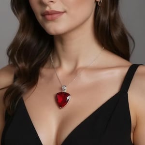 Op de afbeelding: Een zilveren ketting met een grote, driehoekige, dieprode hanger. De hanger is facetgeslepen en vangt het licht. De ketting wordt gedragen tegen een zwarte top, wat een opvallend contrast creëert. De sieraden zijn een statement piece.