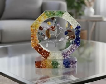 Handmade 7 Chakra Crystal Tree, Orgonite Tree of Life Decor, Feng Shui Gemstone Art, Meditation Gift, Reiki Space Accent, Spiritual Display