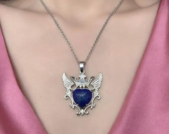 Certified Handmade Lapis Lazuli Heart Pendant Necklace with Winged Design and Free Chain Included