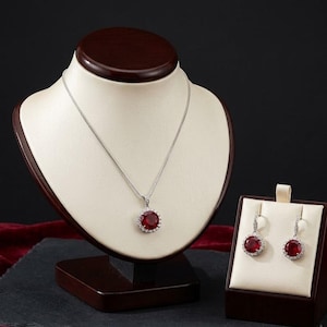 Handmade Red Ruby Gemstone Necklace and Earrings Set Round Cut Deep Red Jewelry Bridal Wedding Gift Anniversary Present Elegant Jewelry