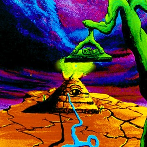 May include: A psychedelic painting of a green, three-fingered hand holding a stone slab above a pyramid with an eye. The pyramid is on a cracked, orange surface with a blue, swirling line coming from the eye.
