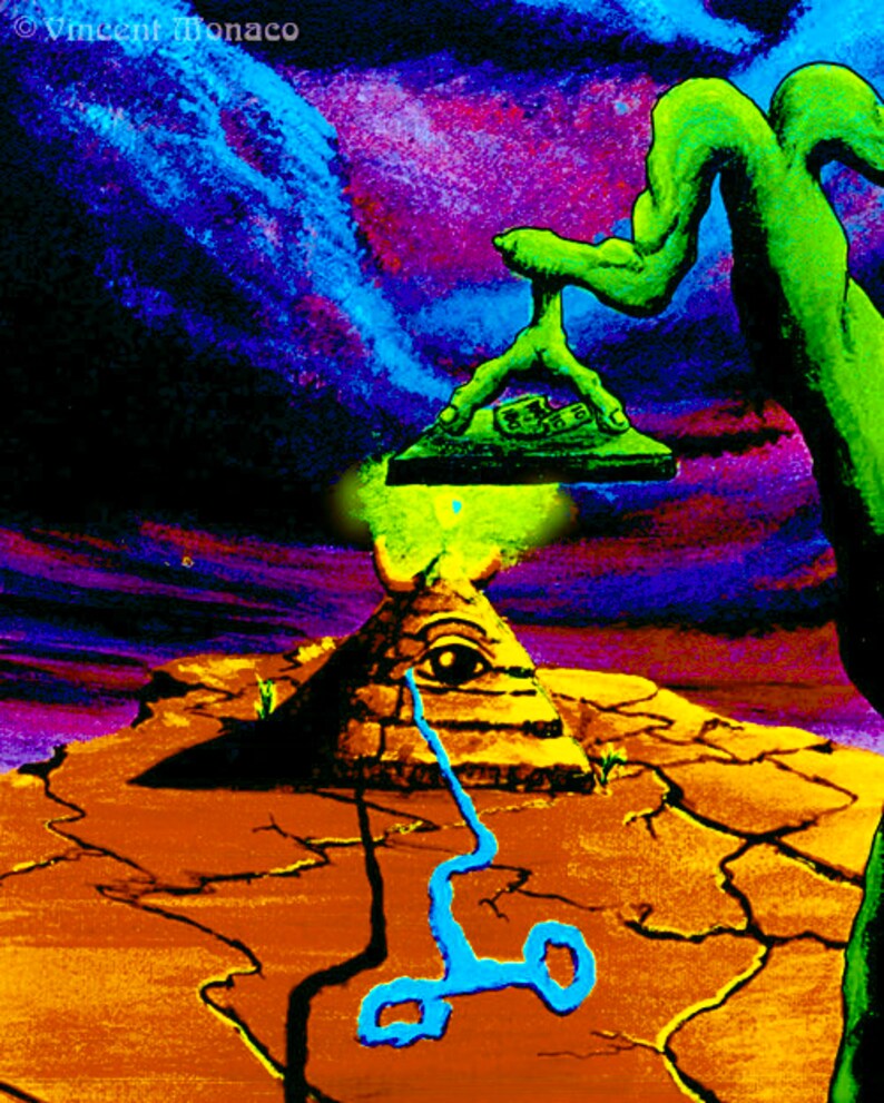 May include: A psychedelic painting of a green, three-fingered hand holding a stone slab above a pyramid with an eye. The pyramid is on a cracked, orange surface with a blue, swirling line coming from the eye.