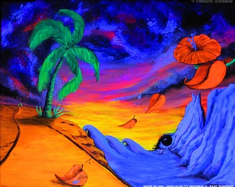 Blacklight Tapestry: Surreal Tropical Fantasy Wall Art by Vincent Monaco