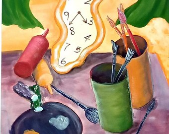 Whimsical Time OOAK unique happy still life painting by Vincent Monaco